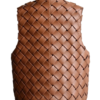 A handcrafted cognac interlaced leather gilet women showing the womens brown leather vest texture.