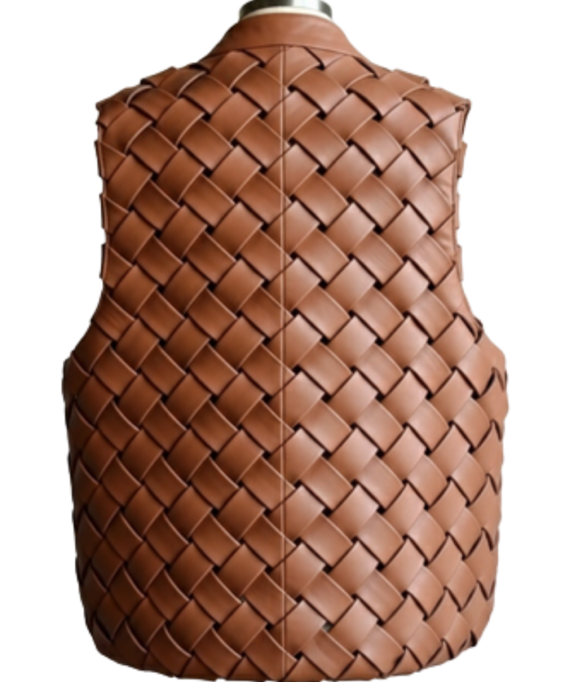 A handcrafted cognac interlaced leather gilet women showing the womens brown leather vest texture.