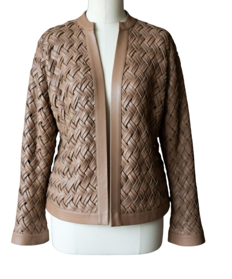 A high-end brown leather jacket women featuring a detailed leather jacket brown colour woven texture.