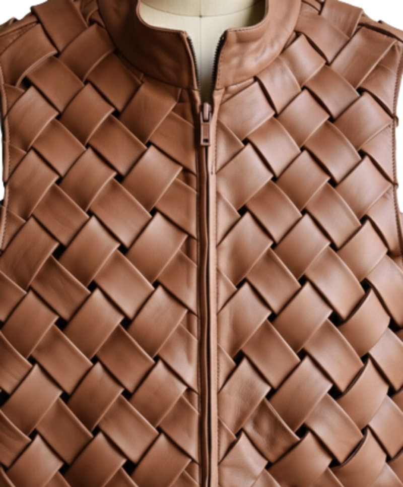 A handcrafted cognac interlaced leather gilet women showing the womens brown leather vest texture.