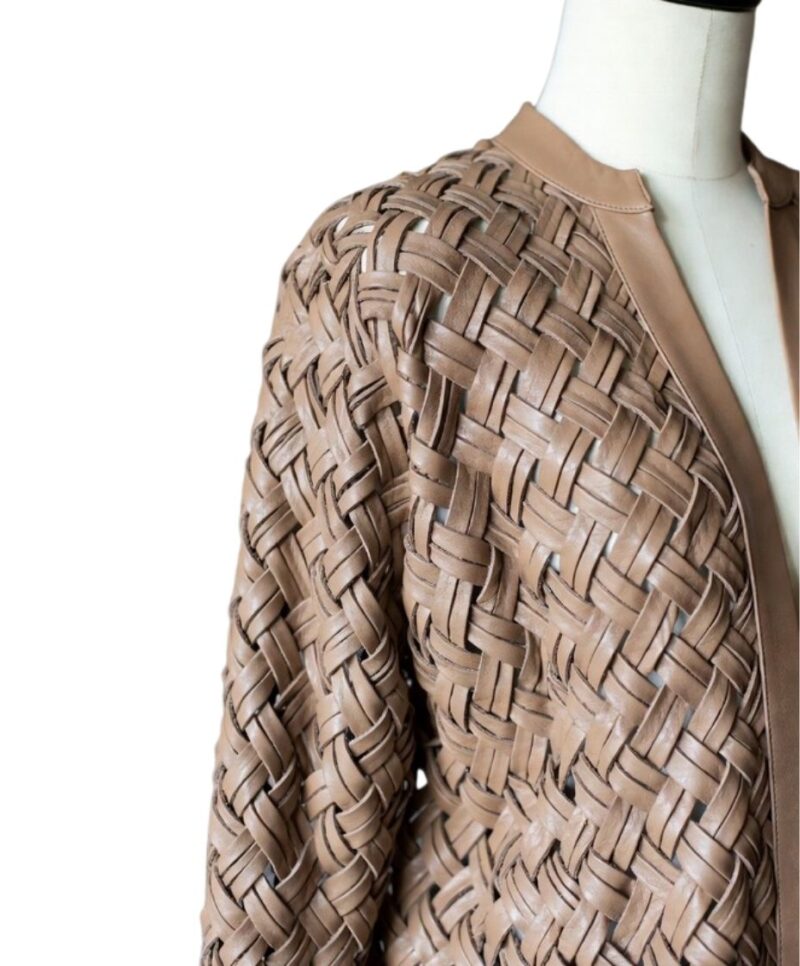 A high-end brown leather jacket women featuring a detailed leather jacket brown colour woven texture.