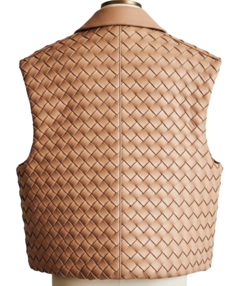 A handcrafted camel braided leather collar vest women showing the womens black leather vest texture.