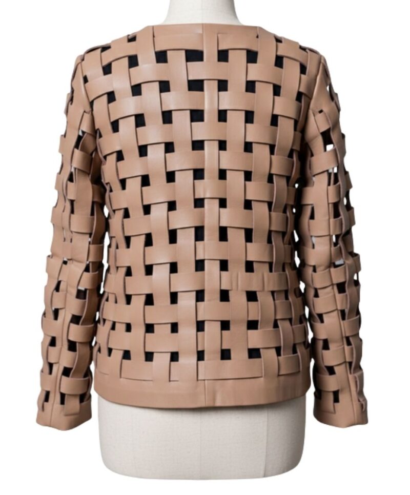 A high-end tan leather jacket featuring a detailed cream leather jacket woven texture.