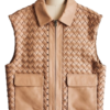 A handcrafted camel braided leather collar vest women showing the womens black leather vest texture.