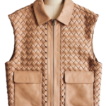 A handcrafted camel braided leather collar vest women showing the womens black leather vest texture.