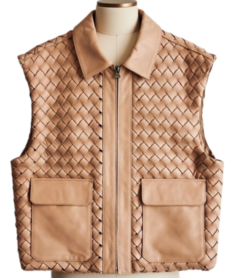 A handcrafted camel braided leather collar vest women showing the womens black leather vest texture.