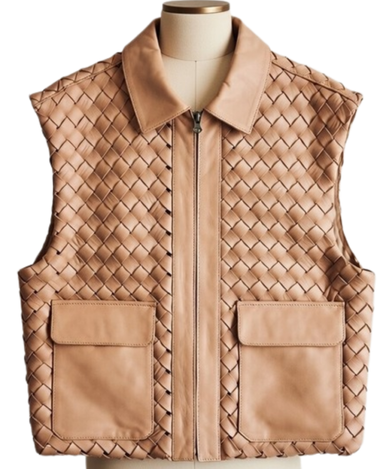 A handcrafted camel braided leather collar vest women showing the womens black leather vest texture.