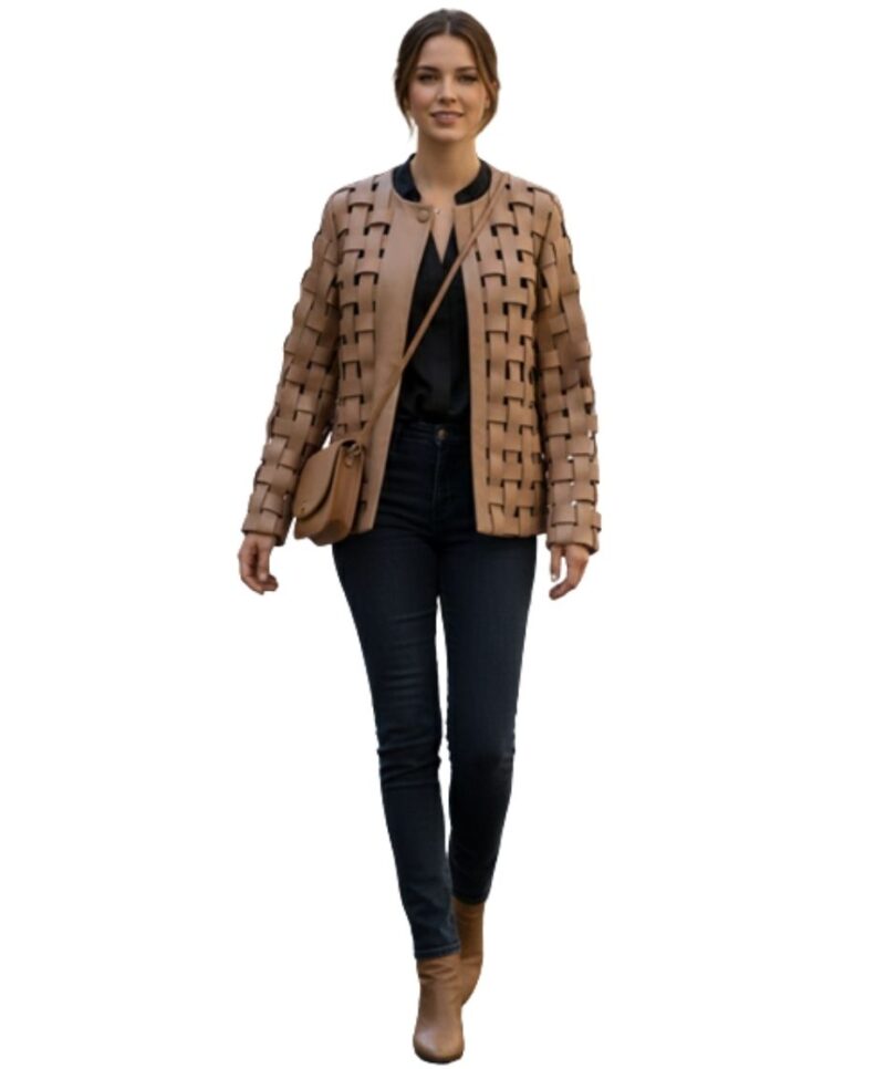 A high-end tan leather jacket featuring a detailed cream leather jacket woven texture.