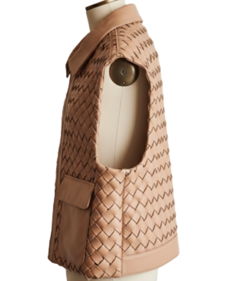 A handcrafted camel braided leather collar vest women showing the womens black leather vest texture.