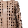 A high-end tan leather jacket featuring a detailed cream leather jacket woven texture.