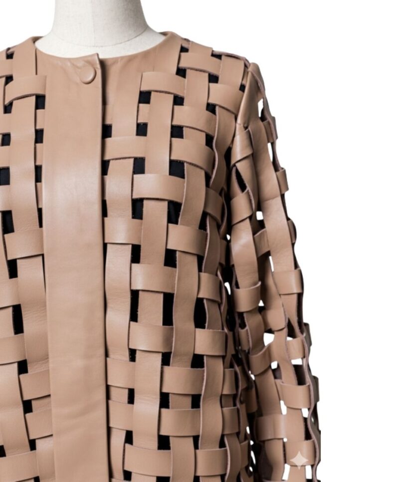 A high-end tan leather jacket featuring a detailed cream leather jacket woven texture.