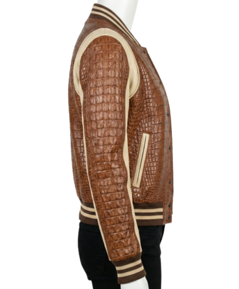 A high-end saddle brown crocodile leather outer garment for women.
