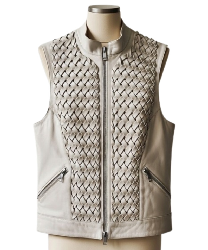 A handcrafted cloud grey woven leather vest women showing the leather vest for women texture.