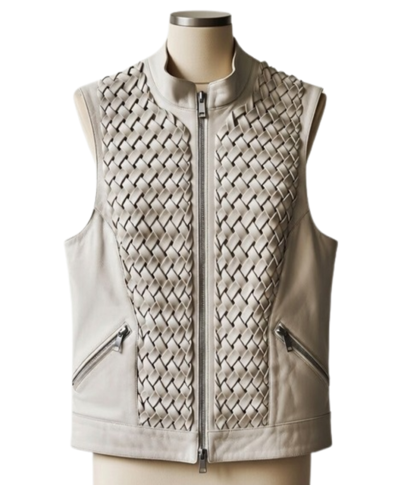 A handcrafted cloud grey woven leather vest women showing the leather vest for women texture.