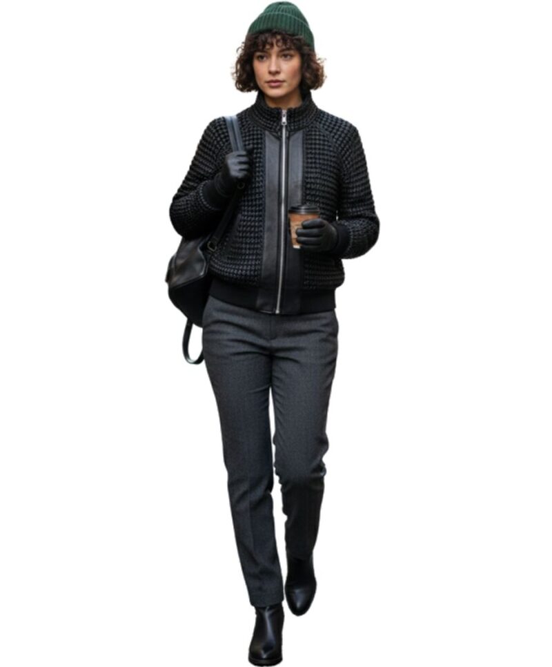 A high-end leather jacket women featuring a detailed leather black leather jacket woven texture.