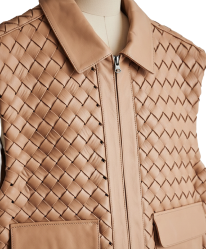 A handcrafted camel braided leather collar vest women showing the womens black leather vest texture.