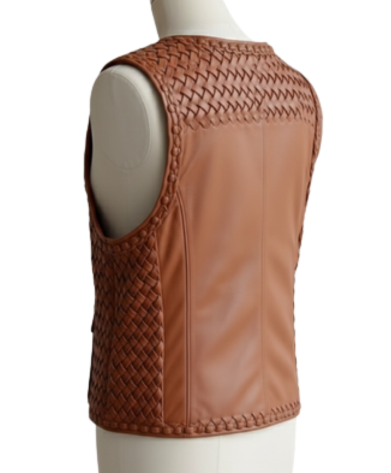 A handcrafted amber brown hand-woven leather body warmer women showing the leather motorcycle vest women texture.
