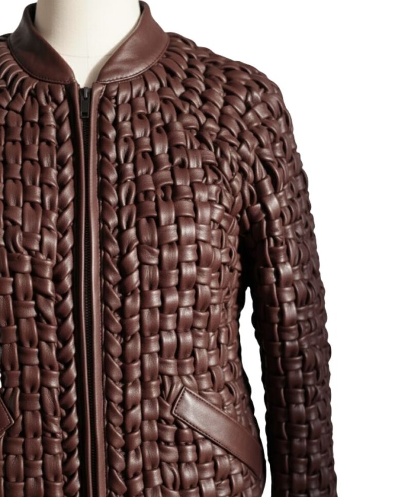 A high-end brown leather jacket women featuring a detailed leather jacket brown colour woven texture.