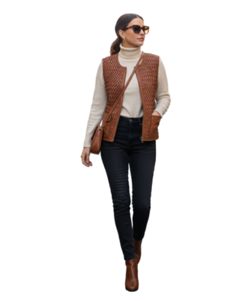A handcrafted amber brown hand-woven leather body warmer women showing the leather motorcycle vest women texture.