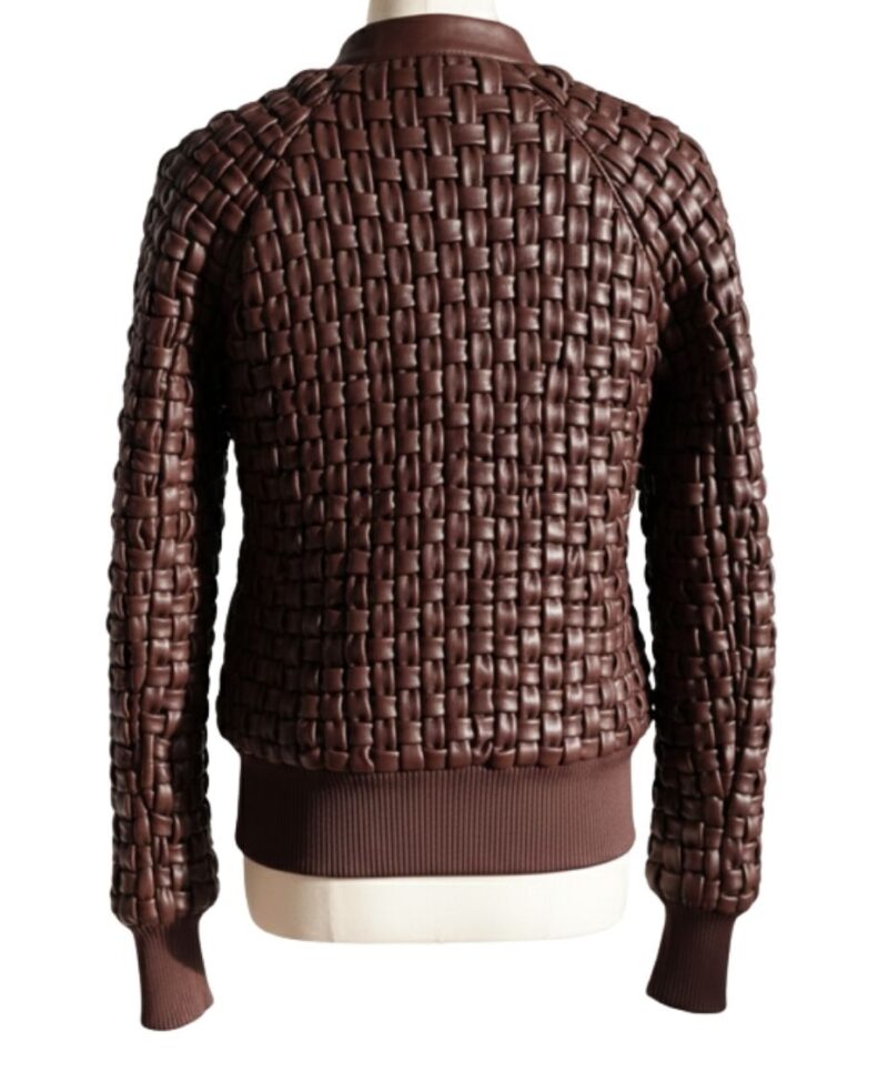 A high-end brown leather jacket women featuring a detailed leather jacket brown colour woven texture.