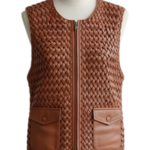 A handcrafted amber brown hand-woven leather body warmer women showing the leather motorcycle vest women texture.