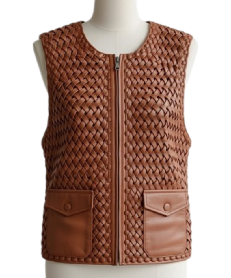 A handcrafted amber brown hand-woven leather body warmer women showing the leather motorcycle vest women texture.