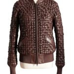 A high-end brown leather jacket women featuring a detailed leather jacket brown colour woven texture.