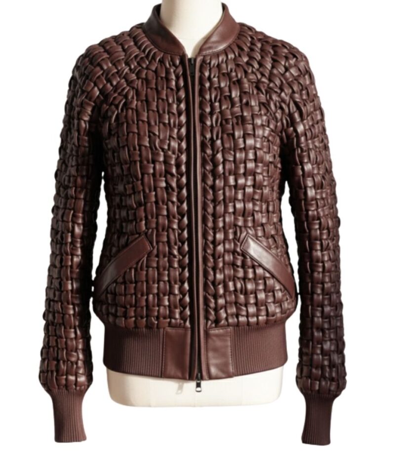 A high-end brown leather jacket women featuring a detailed leather jacket brown colour woven texture.