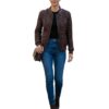 A high-end brown leather jacket women featuring a detailed leather jacket brown colour woven texture.