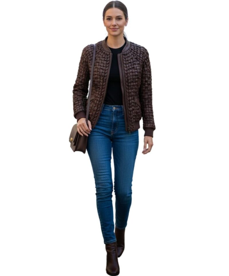 A high-end brown leather jacket women featuring a detailed leather jacket brown colour woven texture.