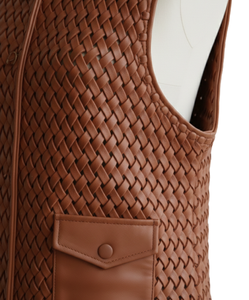 A handcrafted amber brown hand-woven leather body warmer women showing the leather motorcycle vest women texture.