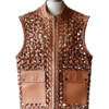 A handcrafted redwood genuine leather vest women showing the womens red leather vest texture.