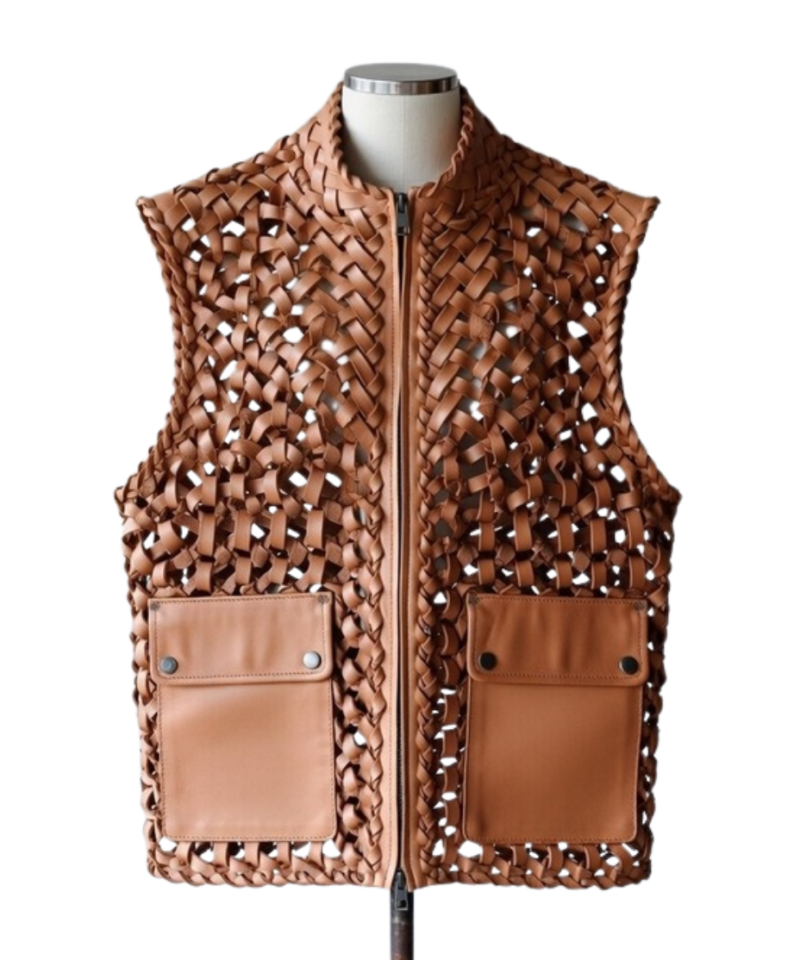 A handcrafted redwood genuine leather vest women showing the womens red leather vest texture.