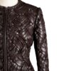 A high-end brown leather jacket women featuring a detailed leather jacket brown colour woven texture.