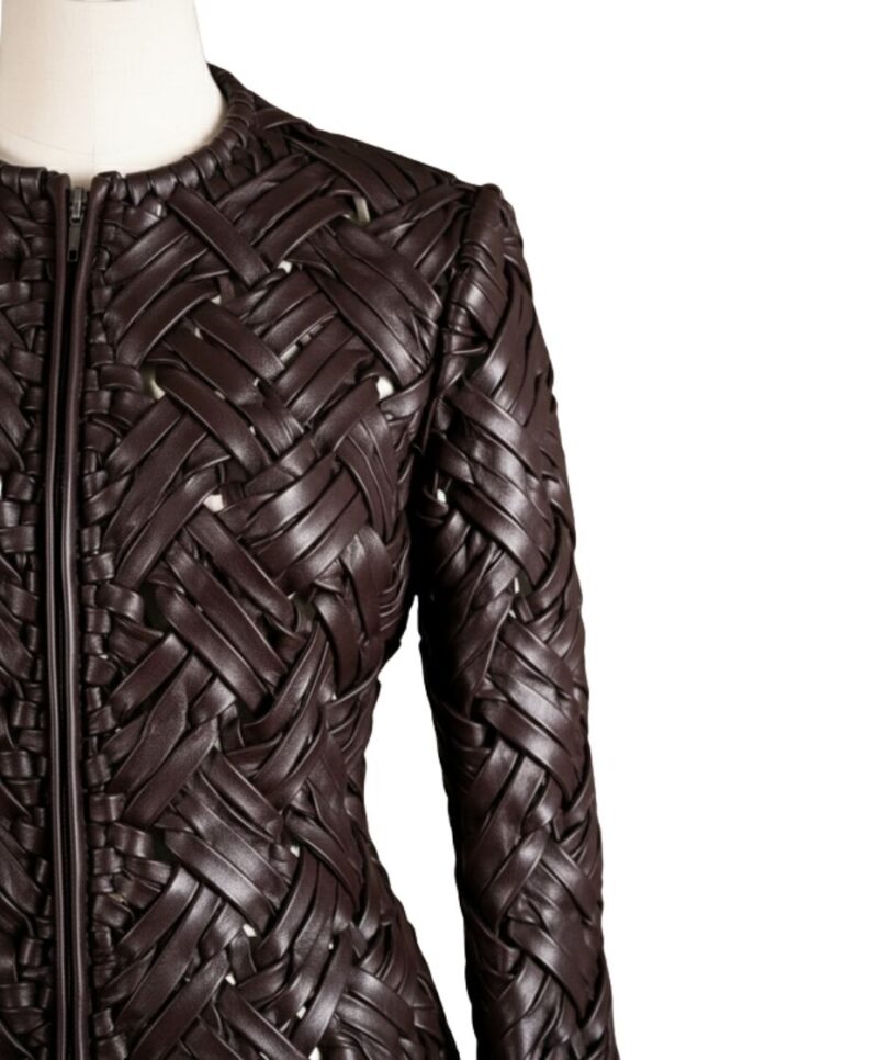 A high-end brown leather jacket women featuring a detailed leather jacket brown colour woven texture.