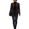 A high-end brown leather jacket women featuring a detailed leather jacket brown colour woven texture.
