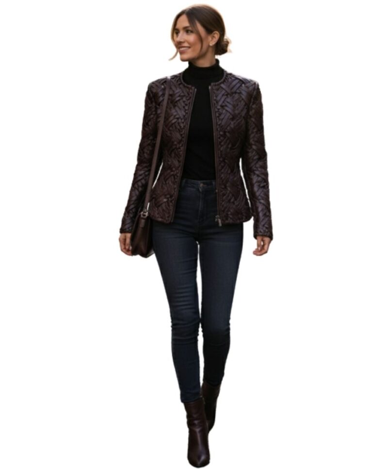 A high-end brown leather jacket women featuring a detailed leather jacket brown colour woven texture.