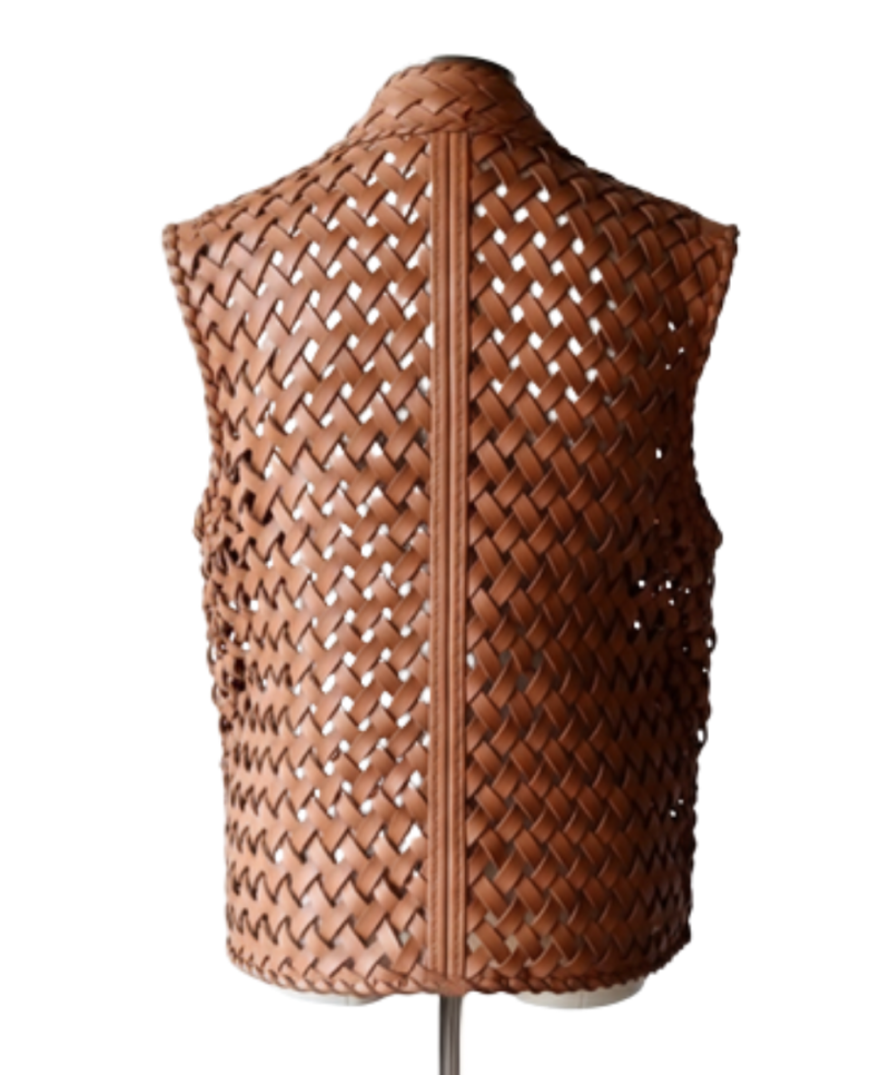 A handcrafted redwood genuine leather vest women showing the womens red leather vest texture.