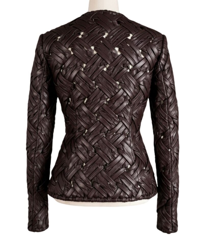 A high-end brown leather jacket women featuring a detailed leather jacket brown colour woven texture.