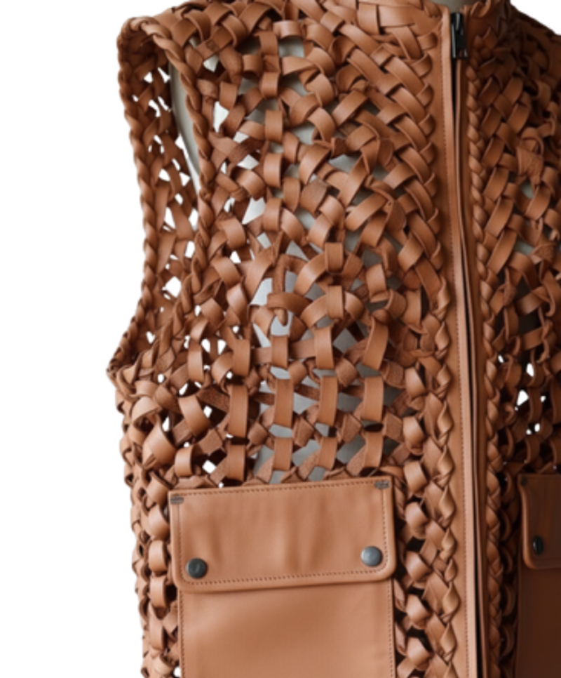 A handcrafted redwood genuine leather vest women showing the womens red leather vest texture.