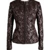 A high-end brown leather jacket women featuring a detailed leather jacket brown colour woven texture.