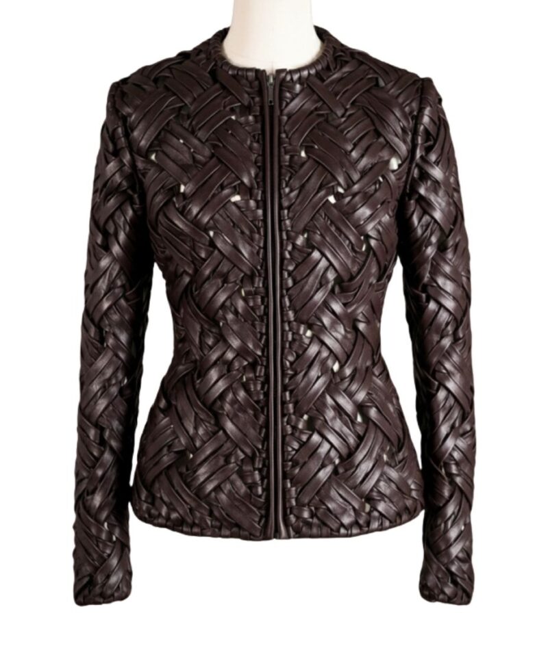 A high-end brown leather jacket women featuring a detailed leather jacket brown colour woven texture.