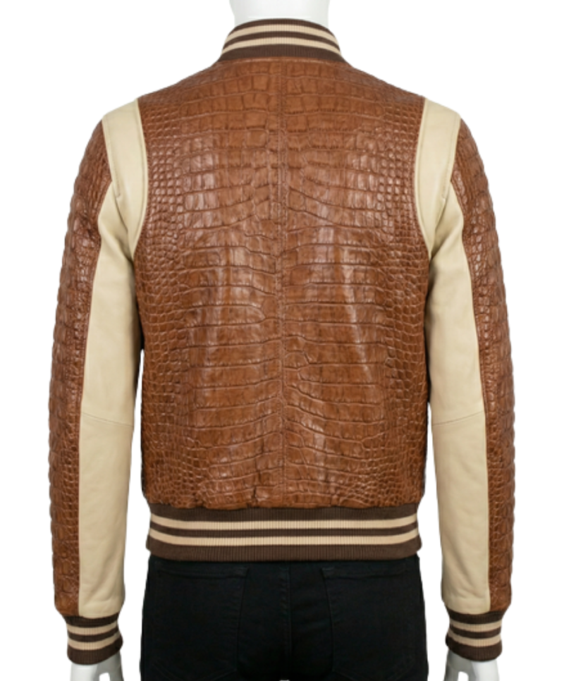 A high-end saddle brown crocodile leather outer garment for women.