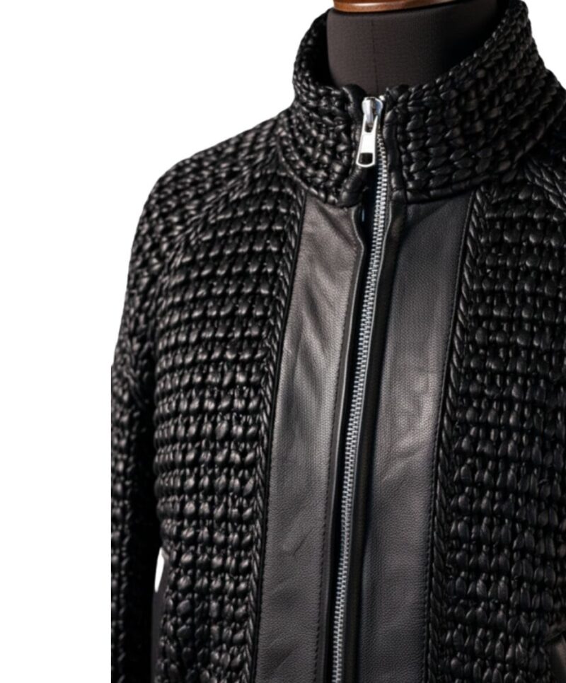 A high-end leather jacket women featuring a detailed leather black leather jacket woven texture.