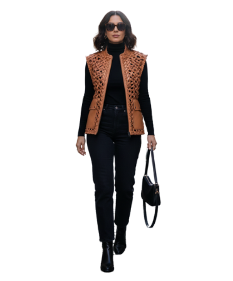 A handcrafted redwood genuine leather vest women showing the womens red leather vest texture.