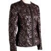 A high-end brown leather jacket women featuring a detailed leather jacket brown colour woven texture.