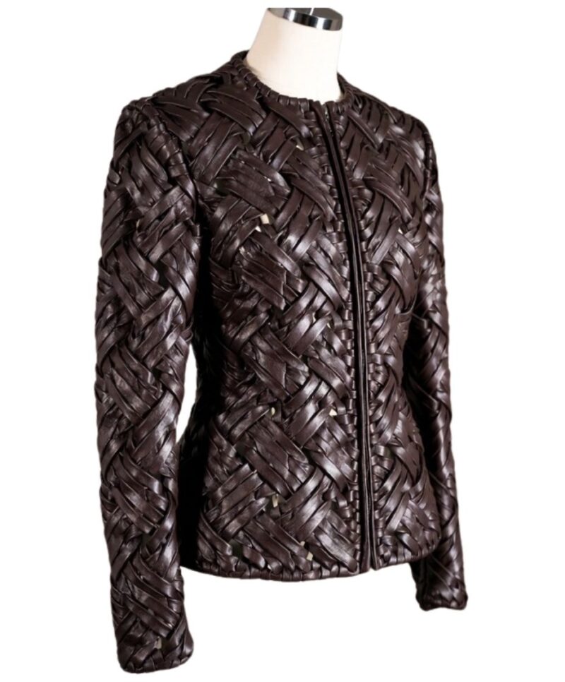A high-end brown leather jacket women featuring a detailed leather jacket brown colour woven texture.