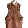 A handcrafted amber brown hand-braided leather body warmer women showing the black leather vest mens texture.
