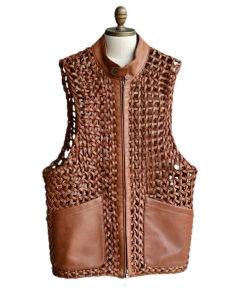 A handcrafted amber brown hand-braided leather body warmer women showing the black leather vest mens texture.