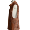 A handcrafted amber brown hand-braided leather body warmer women showing the black leather vest mens texture.
